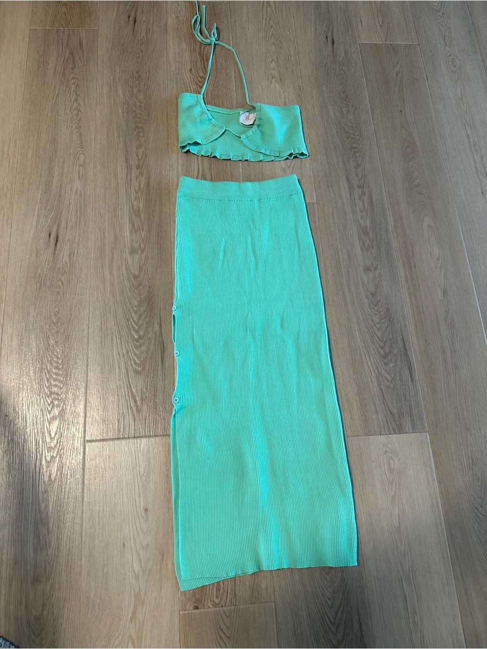 Women’s Mint Green Knit Skirt Set with Side Buttons